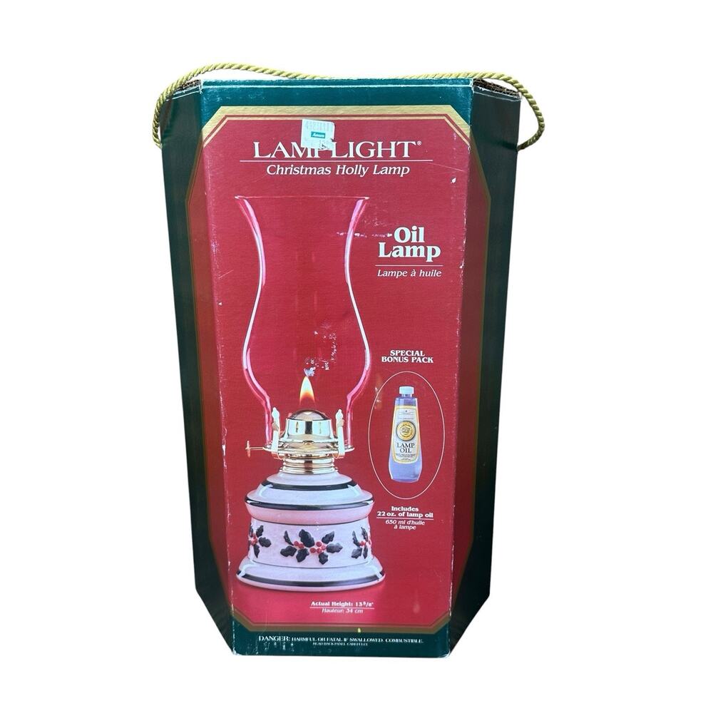 NEW Lamplight Farms Christmas Holly Vintage Oil Lamp 13 5/8" Tall No Oil USA